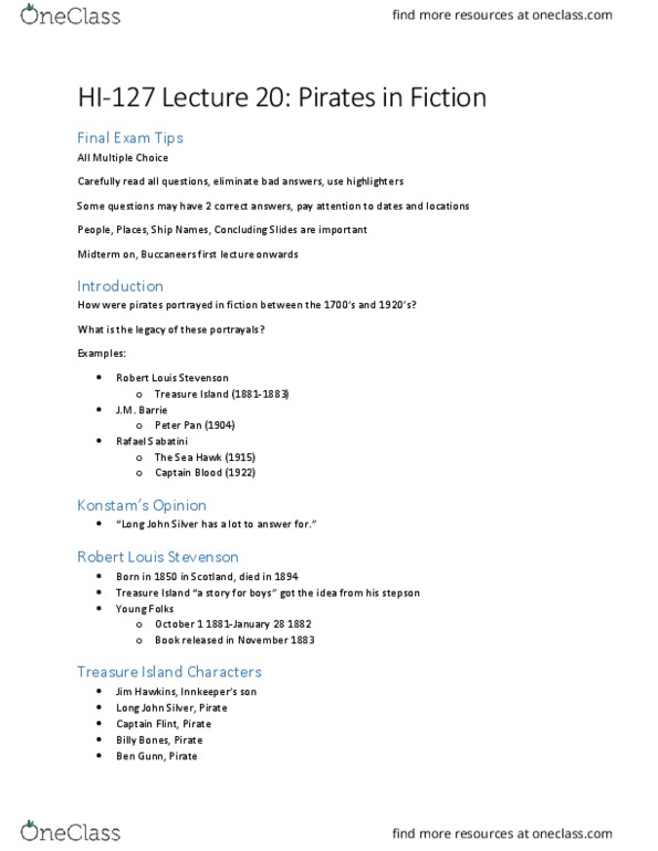 HI127 Lecture Notes - Lecture 20: Robert Louis Stevenson, Rafael Sabatini, Daniel Defoe thumbnail