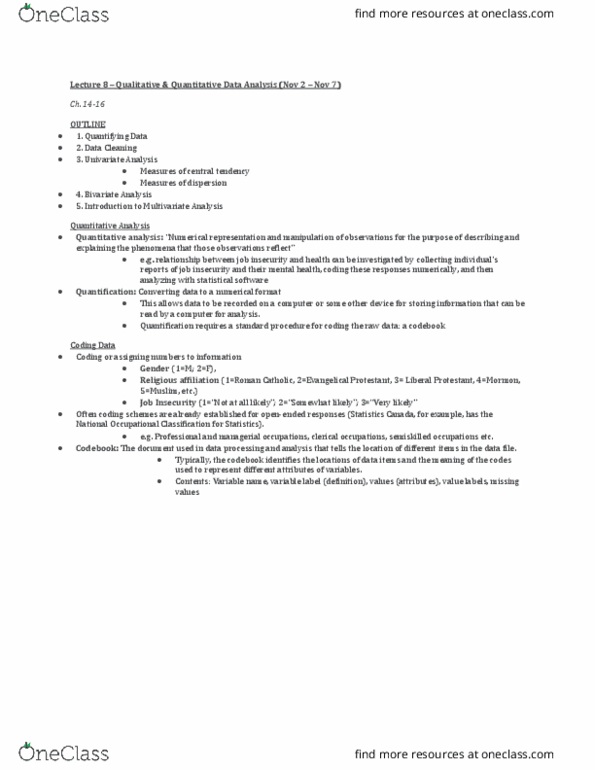 SOCIOL 2Z03 Lecture Notes - Lecture 8: Central Tendency, Univariate Analysis, Multivariate Analysis thumbnail