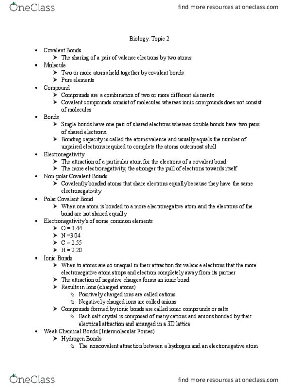 BIOL107 Chapter Notes - Chapter 2: Covalent Bond, Van Der Waals Force, Ionic Bonding thumbnail