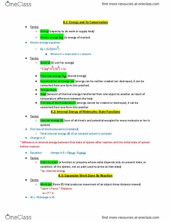 CHEM 121 Chapter Notes - Chapter 8: Kinetic Energy, State Function, Heat Capacity thumbnail