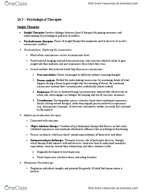 PSY100H1 Chapter Notes - Chapter 16.2: Cognitive Behavioral Therapy, Interpersonal Psychotherapy, Cognitive Therapy thumbnail