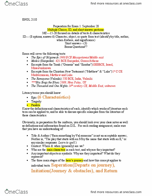 ENGL 2110 Lecture 3: Study Guide for LIT unit 1 thumbnail