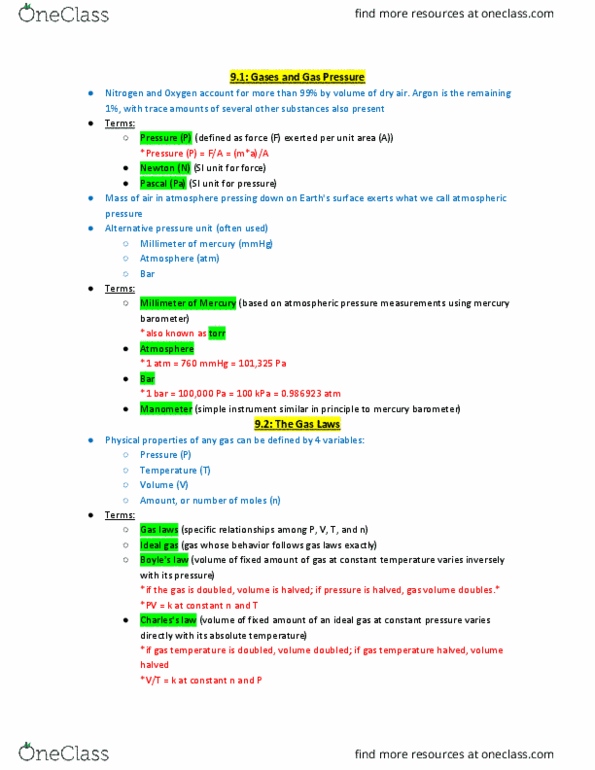 CHEM 121 Chapter Notes - Chapter 9: Ideal Gas Law, Molar Volume, Ideal Gas thumbnail