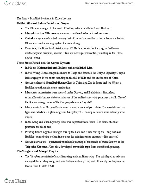 HIST 80a Lecture Notes - Lecture 10: Goryeo, Yuan Dynasty, Balhae thumbnail