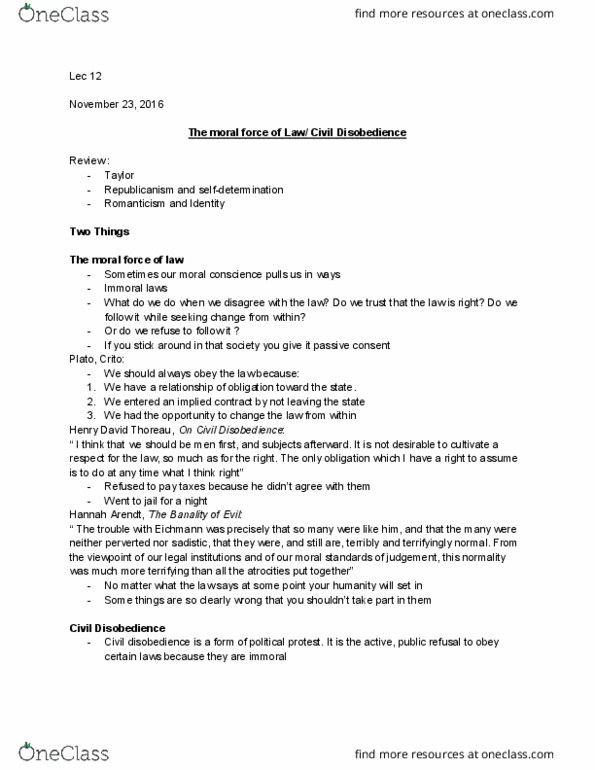 PHILOS 1B03 Lecture Notes - Lecture 12: Civil Disobedience, Henry David Thoreau thumbnail