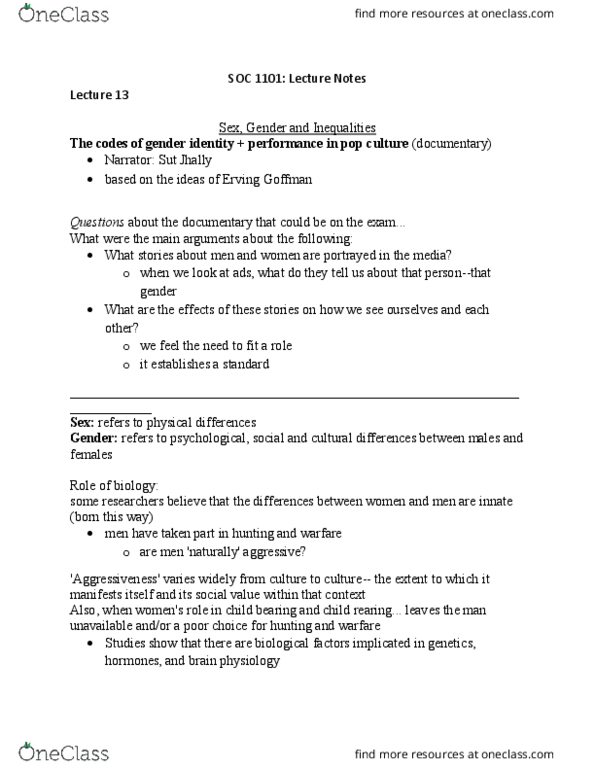 SOC 1101 Lecture Notes - Lecture 13: Sut Jhally, Erving Goffman thumbnail