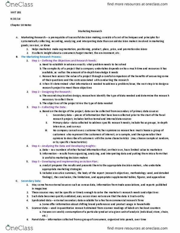 MKT 201 Chapter Notes - Chapter 10: Panel Data, Data Mining, Focus Group thumbnail