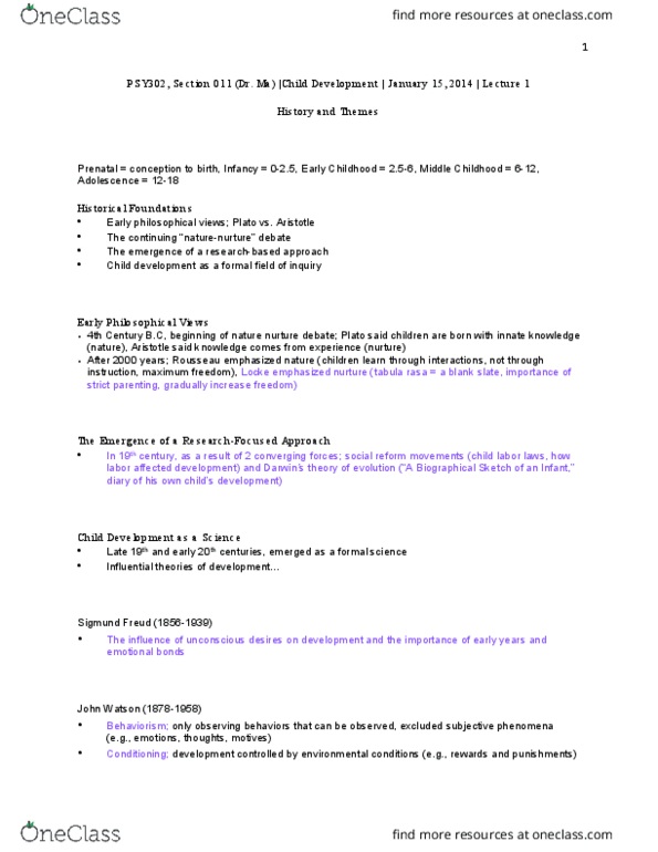PSY 302 Lecture Notes - Lecture 1: Child Development, Little Albert Experiment, Tabula Rasa thumbnail