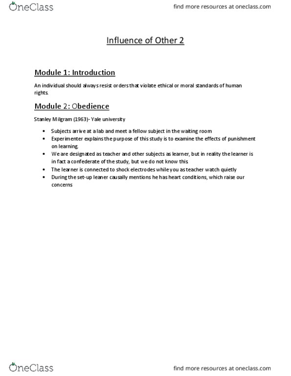 PSYCH 1X03 Lecture Notes - Lecture 11: Cognitive Dissonance, Stanley Milgram, Granpa thumbnail
