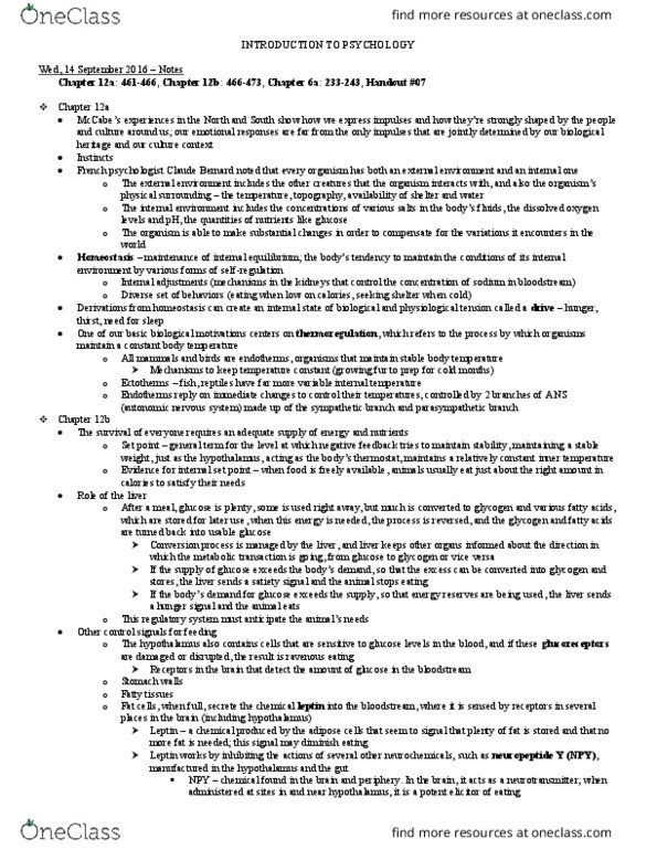 PSYCH-UA 1 Chapter Notes - Chapter Chapter 12a: 461-466, Chapter 12b: 466-473, Chapter 6a: 233-243: Leptin, Autonomic Nervous System, Neuropeptide Y thumbnail