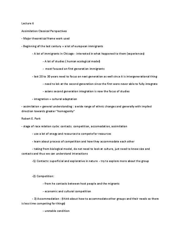 SOC218H1 Lecture Notes - Lecture 6: Concentric Zone Model, Cultural Assimilation, Acculturation thumbnail