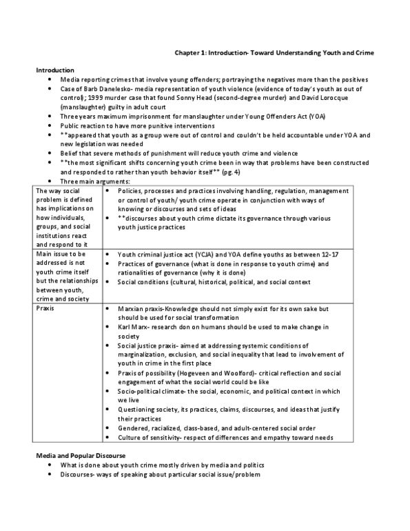 SOC310H5 Chapter Notes - Chapter 1: Youth Criminal Justice Act, School Violence, Juvenile Delinquency thumbnail