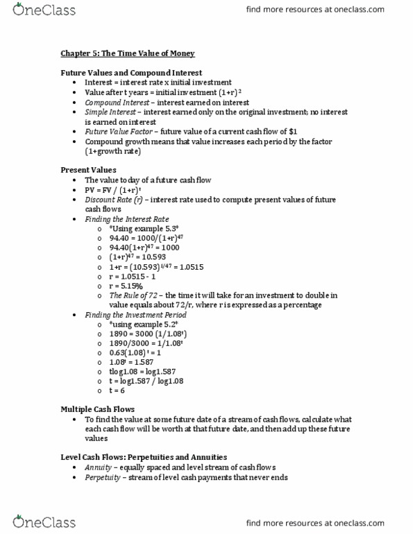 FINA 2700 Chapter 5: The Time Value of Money thumbnail