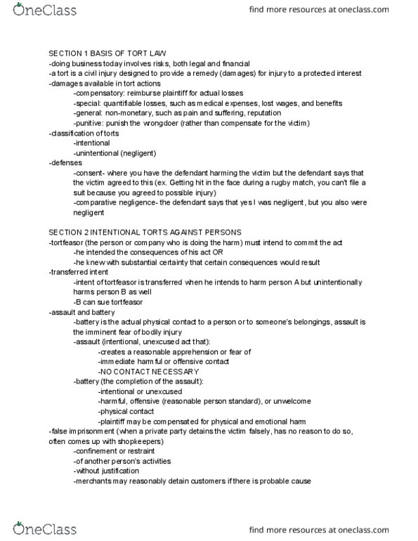 LGLS 1901 Lecture Notes - Lecture 13: Tort, Transferred Intent, Comparative Negligence thumbnail