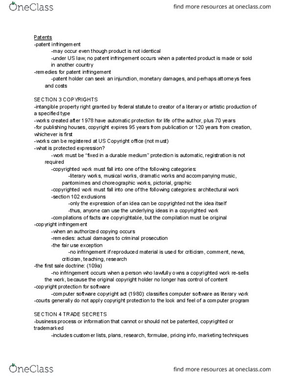 LGLS 1901 Lecture Notes - Lecture 12: Patent Infringement, Intangible Property, Business Process thumbnail