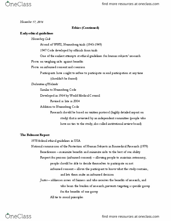 PSY 250 Lecture Notes - Lecture 23: Institutional Review Board, Nuremberg Trials, Nuremberg Code thumbnail