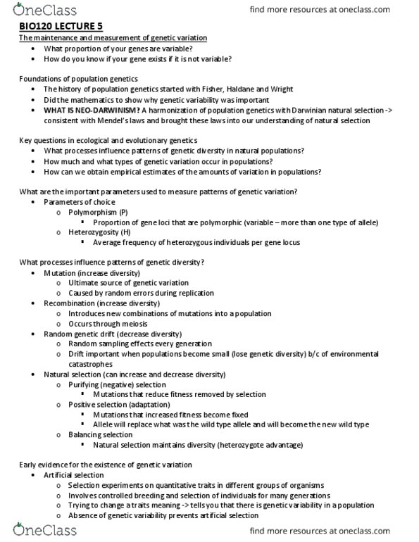 BIO120H1 Lecture Notes - Lecture 5: Genetic Drift, Selective Breeding, Neo-Darwinism thumbnail