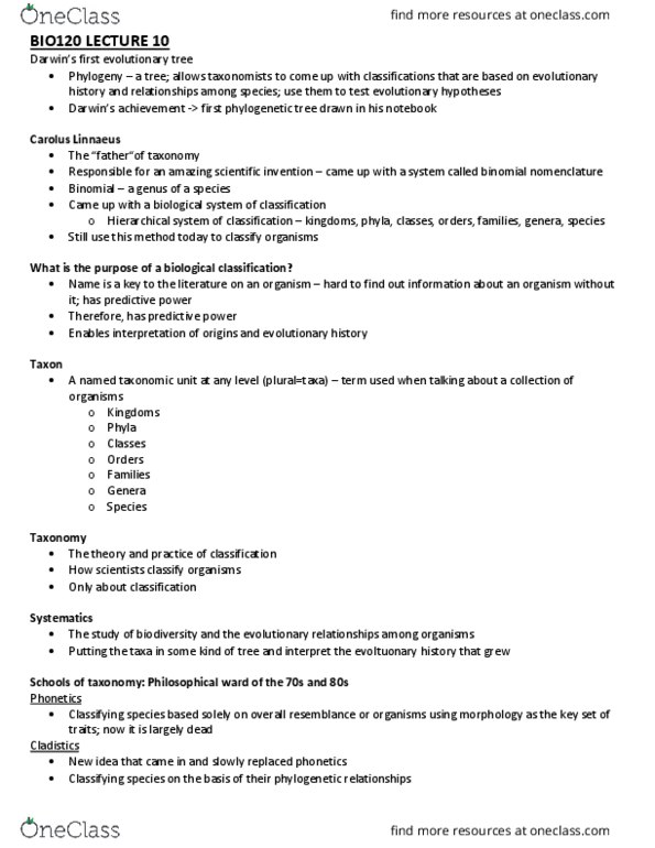 BIO120H1 Lecture Notes - Lecture 10: Binomial Nomenclature, Carl Linnaeus, Synapomorphy thumbnail