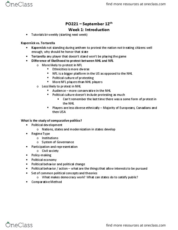 PO221 Lecture Notes - Lecture 1: Theories Of Political Behavior, Comparative Politics, Civil Society thumbnail