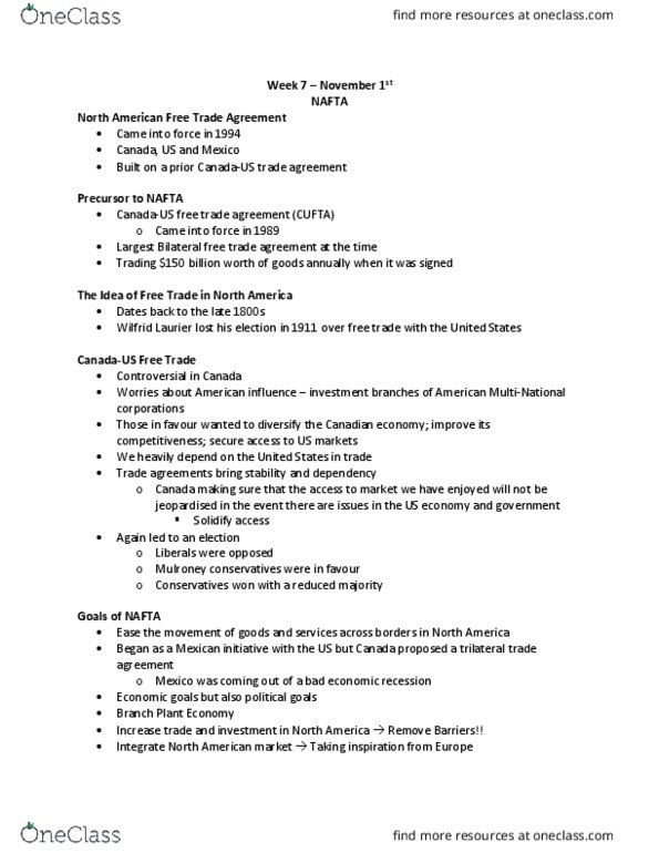 PO329 Lecture Notes - Lecture 7: North American Free Trade Agreement, Trade Bloc, World Trade Organization thumbnail