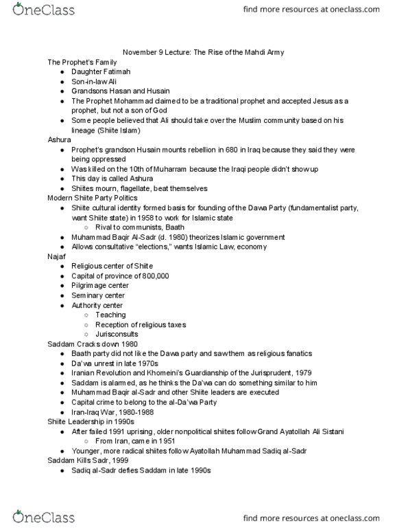 HISTORY 241 Lecture Notes - Lecture 17: Ali Al-Sistani, Iranian Revolution, Fatimah thumbnail