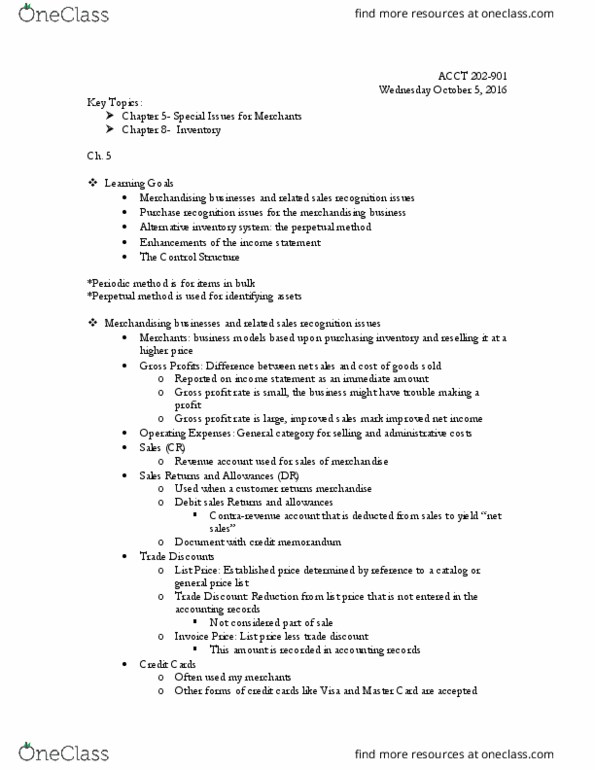 ACCT 202 Lecture Notes - Lecture 5: List Price, Gross Profit, Mastercard thumbnail
