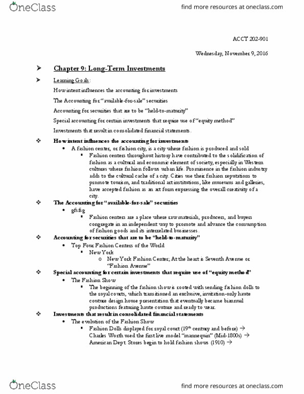 ACCT 202 Chapter Notes - Chapter 9: Fashion Center, Equity Method, Financial Statement thumbnail