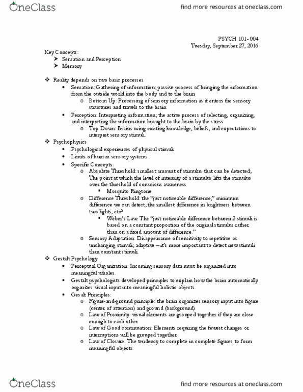 PSYC 101 Lecture Notes - Lecture 8: Psychophysics, Memory Span thumbnail
