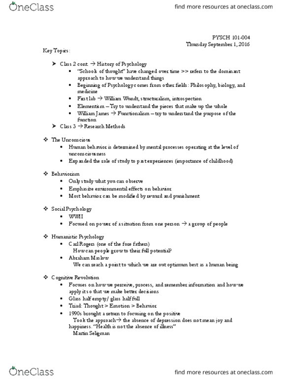 PSYC 101 Lecture Notes - Lecture 2: Wilhelm Wundt, Human Behavior, Behaviorism thumbnail