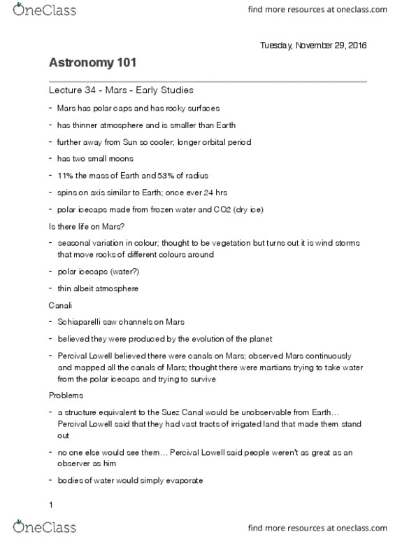 ASTR 101 Lecture Notes - Lecture 34: Percival Lowell, Olympus Mons, Mariner 9 thumbnail