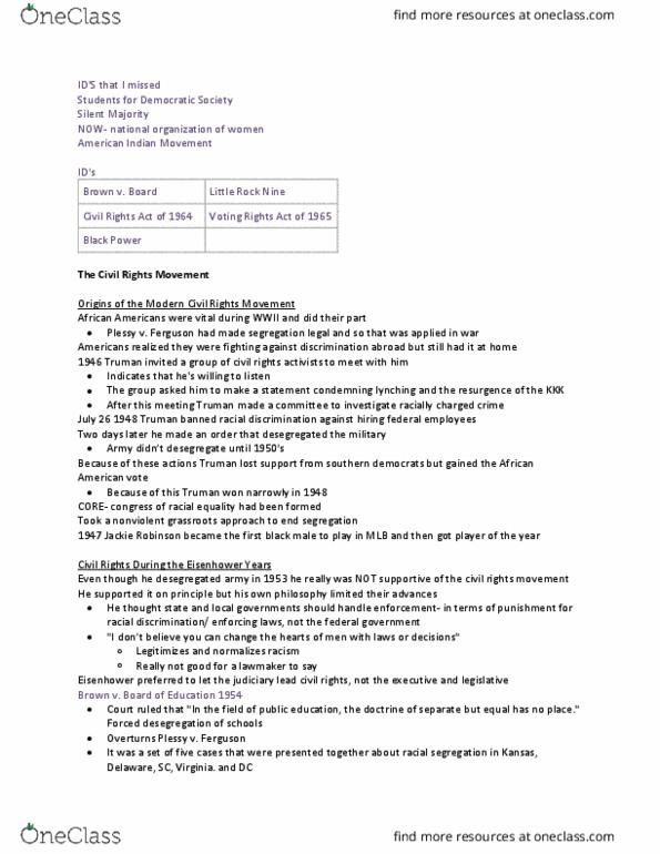 HIST 1311 Lecture Notes - Lecture 20: Orval Faubus, Little Rock Nine, Voting Rights Act Of 1965 thumbnail