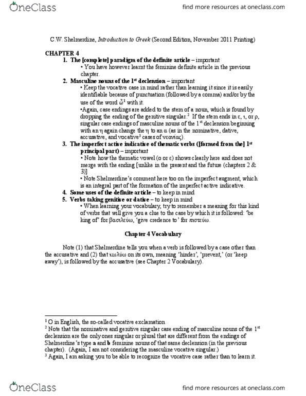 GREK 1005 Lecture Notes - Lecture 4: Thematic Vowel, Vocative Case, Genitive Case thumbnail