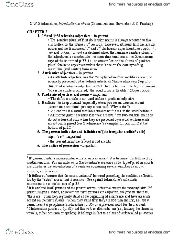 GREK 1005 Lecture Notes - Lecture 7: Adjective, Clitic, Genitive Case thumbnail