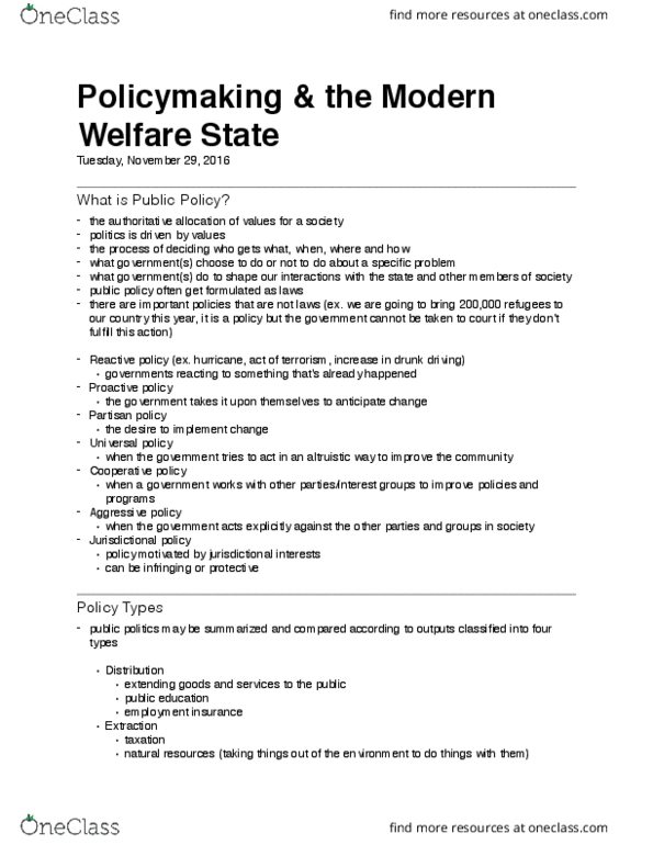 Political Science 1020E Lecture Notes - Lecture 12: Living Wage, Unemployment Benefits, New Public Management thumbnail