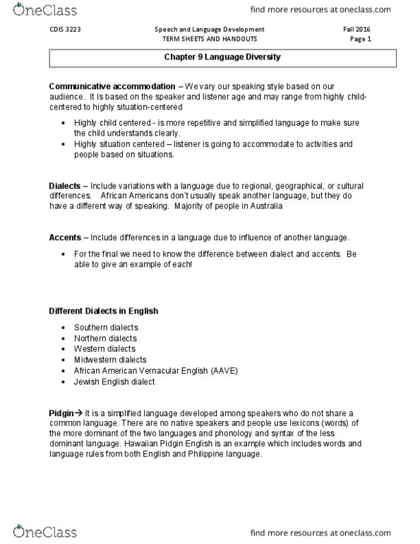 CDIS 3223 Lecture Notes - Lecture 12: African American Vernacular English, Hawaiian Pidgin, Second-Language Acquisition thumbnail