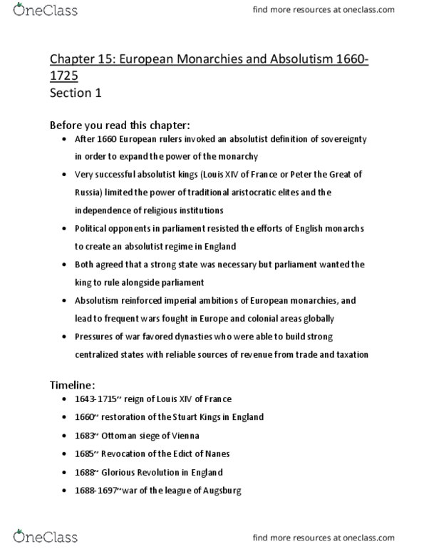 HIST 1400 Chapter Notes - Chapter 15: Absolute Monarchy, Protestantism thumbnail