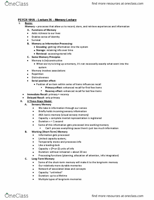 PSYCH 101 Lecture Notes - Lecture 26: Iconic Memory, Sensory Memory, Retrograde Amnesia thumbnail