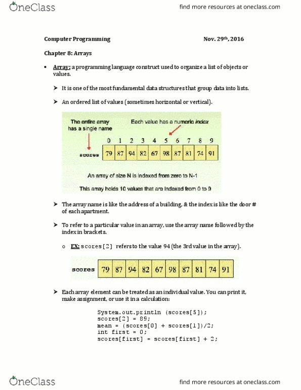 CS 121 Chapter Notes - Chapter 8: Array Data Structure, Foreach Loop, Bounds Checking thumbnail