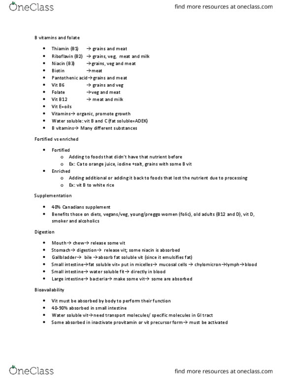 FNN 100 Lecture Notes - Lecture 10: Folate Deficiency, Vitamin B6, B Vitamins thumbnail