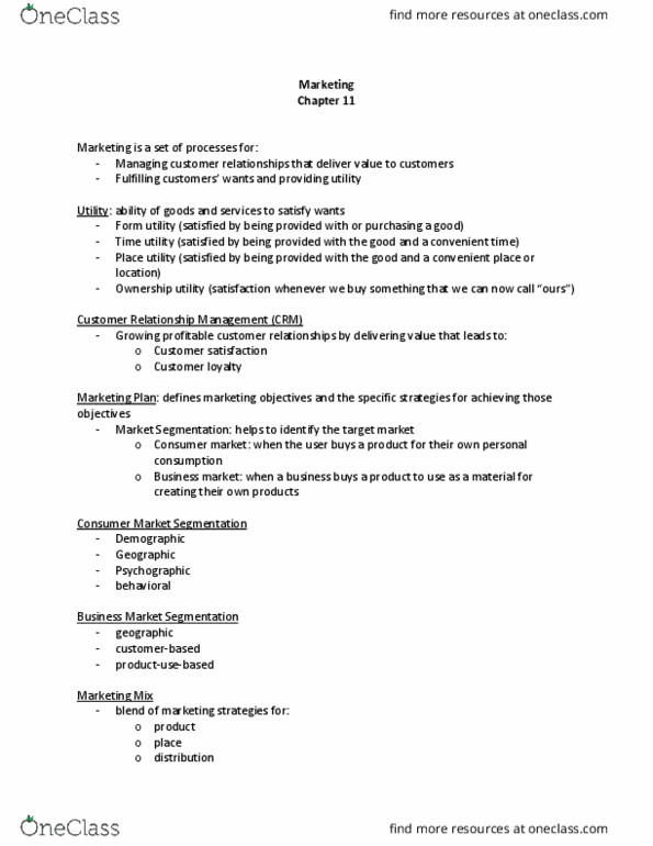 BUS 160 Lecture Notes - Lecture 5: Customer Relationship Management, Customer Satisfaction, Psychographic thumbnail