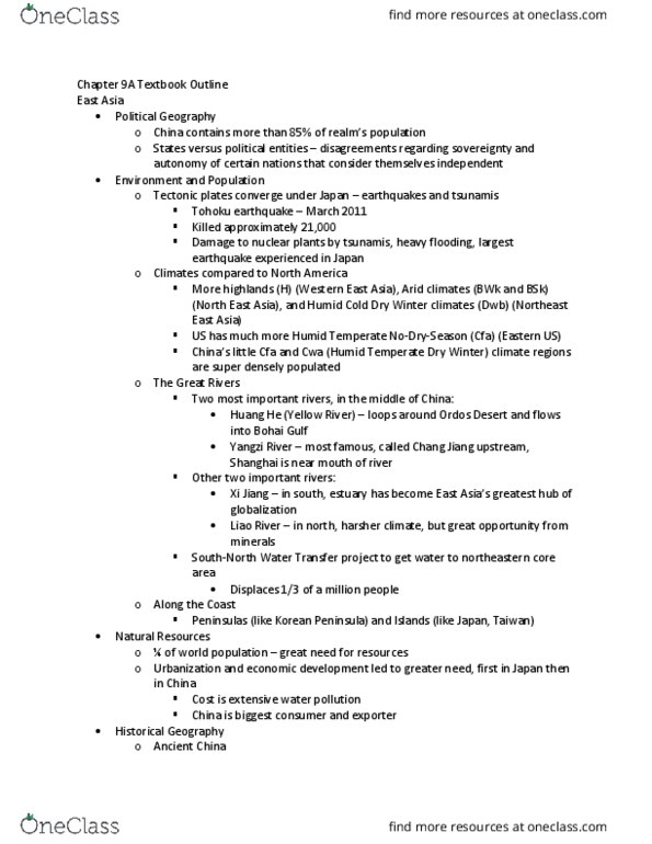 GEO 131 Lecture Notes - Lecture 11: Bohai Sea, Xi River, Yangtze thumbnail