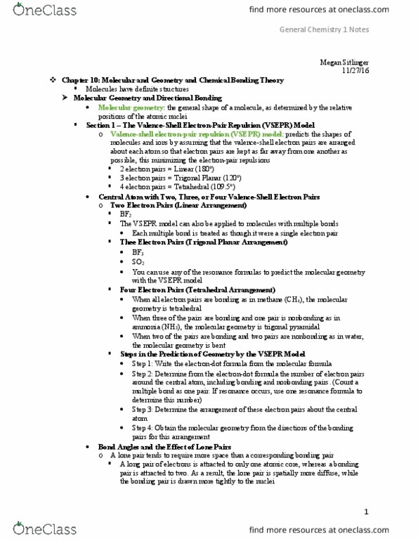 CHEM 0110 Chapter Notes - Chapter 10: Valence Bond Theory, Trigonal Planar Molecular Geometry, Trigonal Pyramidal Molecular Geometry thumbnail