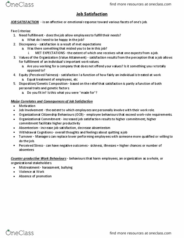 GMGT 2070 Lecture Notes - Lecture 9: Job Satisfaction, Absenteeism thumbnail