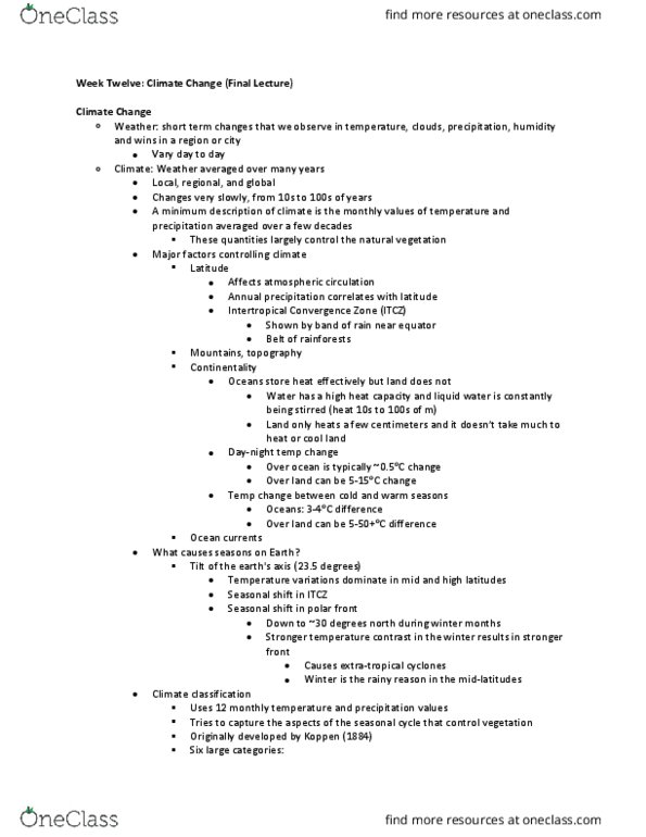 GEOL 106 Lecture Notes - Lecture 12: Intertropical Convergence Zone, 30Th Parallel North, Paleothermometer thumbnail