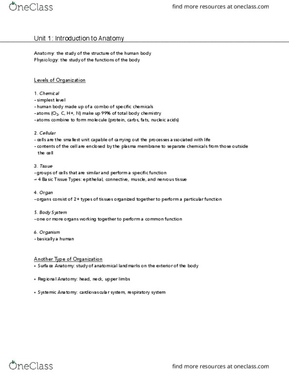 NURS140 Lecture Notes - Lecture 1: Thoracic Cavity, Organism, Anatomical Terms Of Location thumbnail