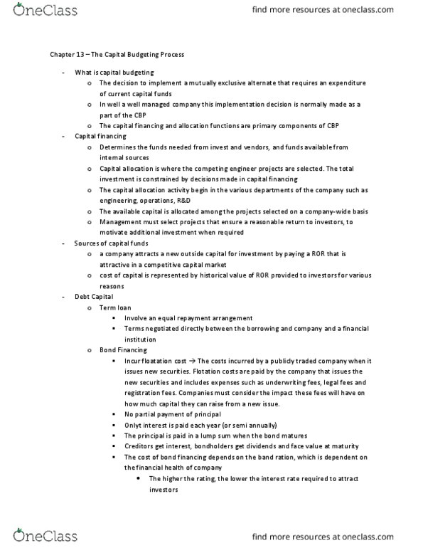 ECON 2B03 Chapter Notes - Chapter 13: Capital Budgeting, United States Treasury Security, Capital Market thumbnail