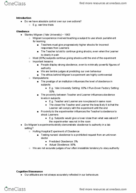 PSYCH 1X03 Lecture Notes - Lecture 11: Stanley Milgram, Deindividuation, Norm (Social) thumbnail