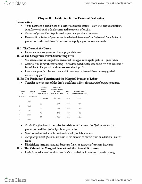 ECON 1116 Chapter 18: Market for Factors of Production thumbnail