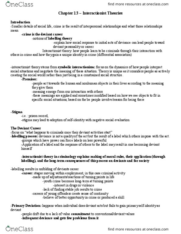 LS227 Chapter Notes - Chapter 13: Symbolic Interactionism, Labeling Theory, Differential Association thumbnail