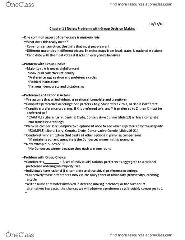 CPO-2002 Lecture Notes - Lecture 11: Pareto Efficiency, Utility, Pairwise Comparison thumbnail